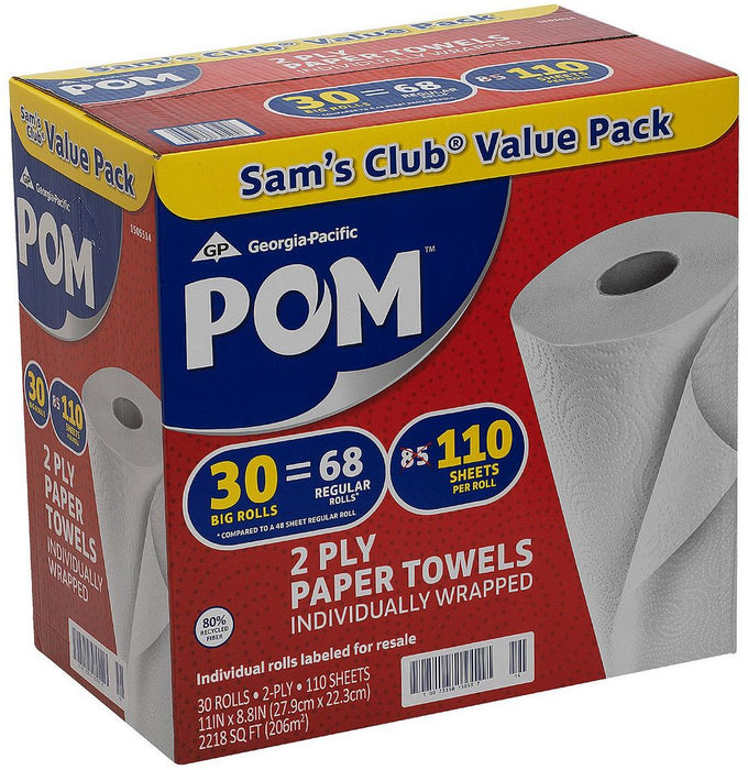POM Paper Towels Mega Roll Value Pack, 85 sheets, 2-ply, 30 rolls