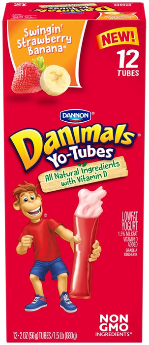 Dannon Danimals Lowfat Yogurt Tubes, Swingin Strawberry Banana, 12 ct