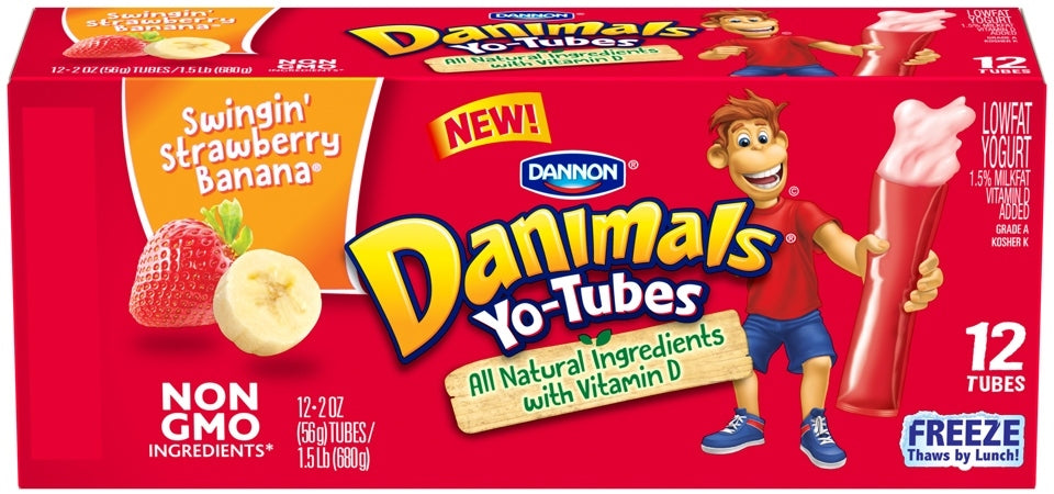 Dannon Danimals Lowfat Yogurt Tubes, Swingin Strawberry Banana, 12 ct