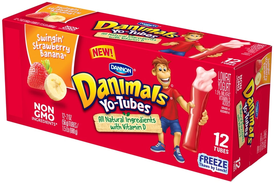 Dannon Danimals Lowfat Yogurt Tubes, Swingin Strawberry Banana, 12 ct