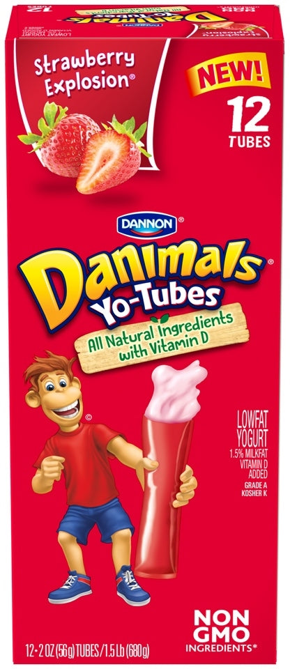 Dannon Danimals Lowfat Yogurt Tubes, Strawberry Explotion, 12 ct