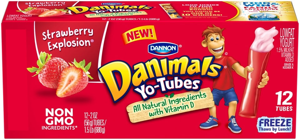 Dannon Danimals Lowfat Yogurt Tubes, Strawberry Explotion, 12 ct