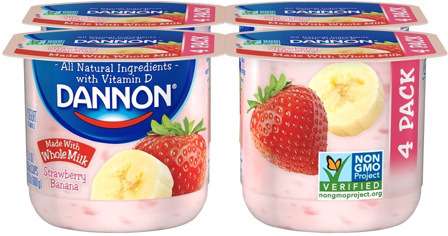 Dannon Blended Whole Milk Yogurt, Strawberry Banana, 4 x 5.3 oz