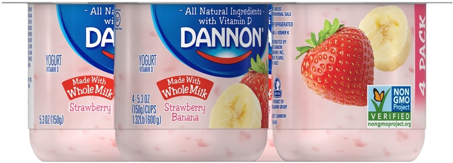Dannon Blended Whole Milk Yogurt, Strawberry Banana, 4 x 5.3 oz
