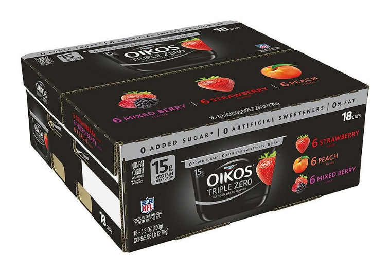 Dannon Oikos Triple Zero Blended Greek Non-Fat Yogurt, Variety Pack, 18 x 5.3 oz