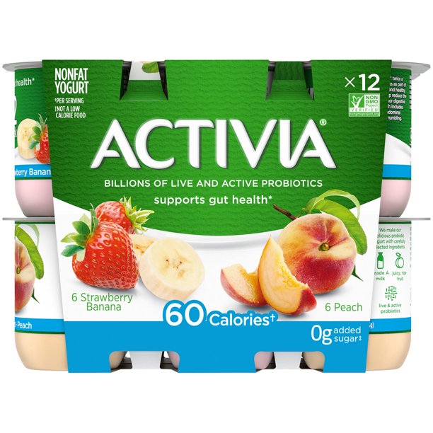 Activia Non-Fat Probiotic Strawberry Banana & Peach, Variety Pack Yogurt, 12 x 4 oz