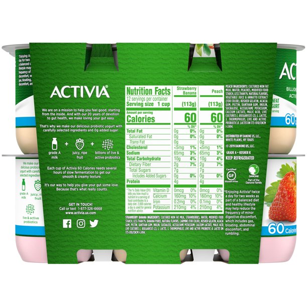 Activia Non-Fat Probiotic Strawberry Banana & Peach, Variety Pack Yogurt, 12 x 4 oz