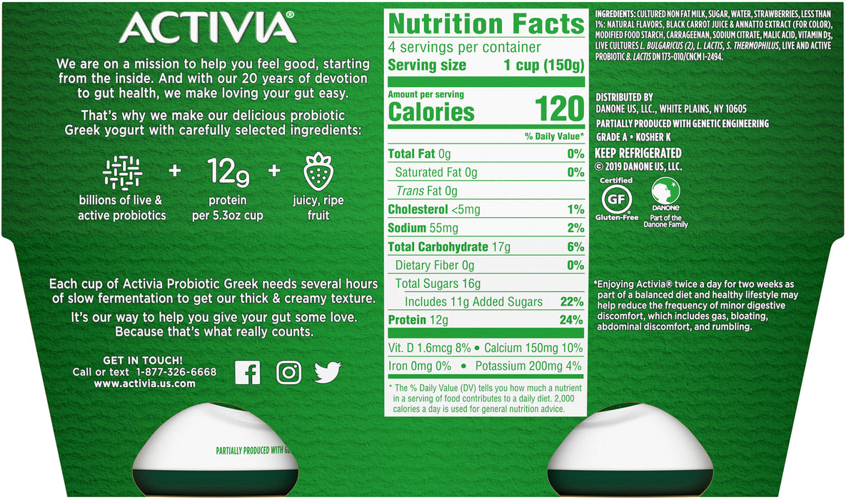 Danon Activia Nonfat Probiotic Strawberry Greek Yogurt , 4 x 5.3 oz