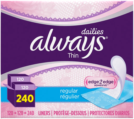 Always Dailies Regular Tin Liners, Edge to Edge Adhesive, Value Box, 240 ct