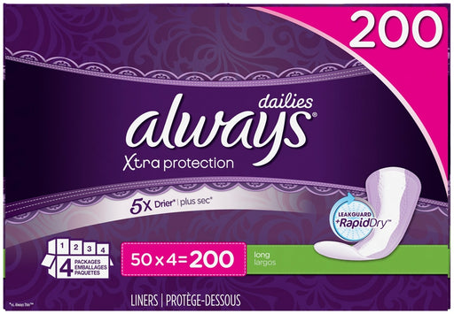 Always Dailies Extra Protection Long Liners, Value Box, 200 ct