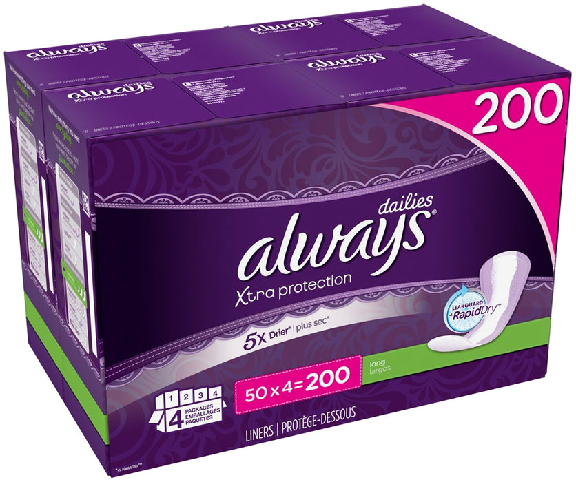 Always Dailies Extra Protection Long Liners, Value Box, 200 ct