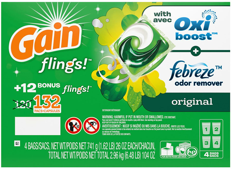 Gain Flings With Oxi-Boost & Febreze Detergent Pacs, 132 ct