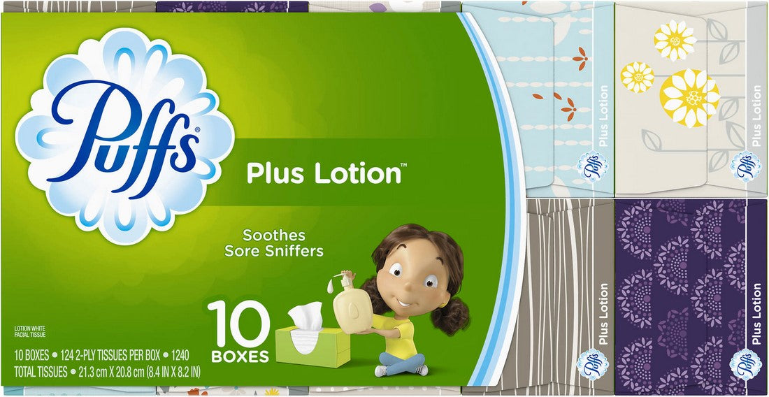 Puffs Plus Lotion Facial Tissues, 10-Pack, 10 x 124 ct