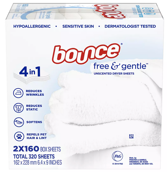 Bounce Free & Gentle Unscented Dryer Sheets, 320 ct