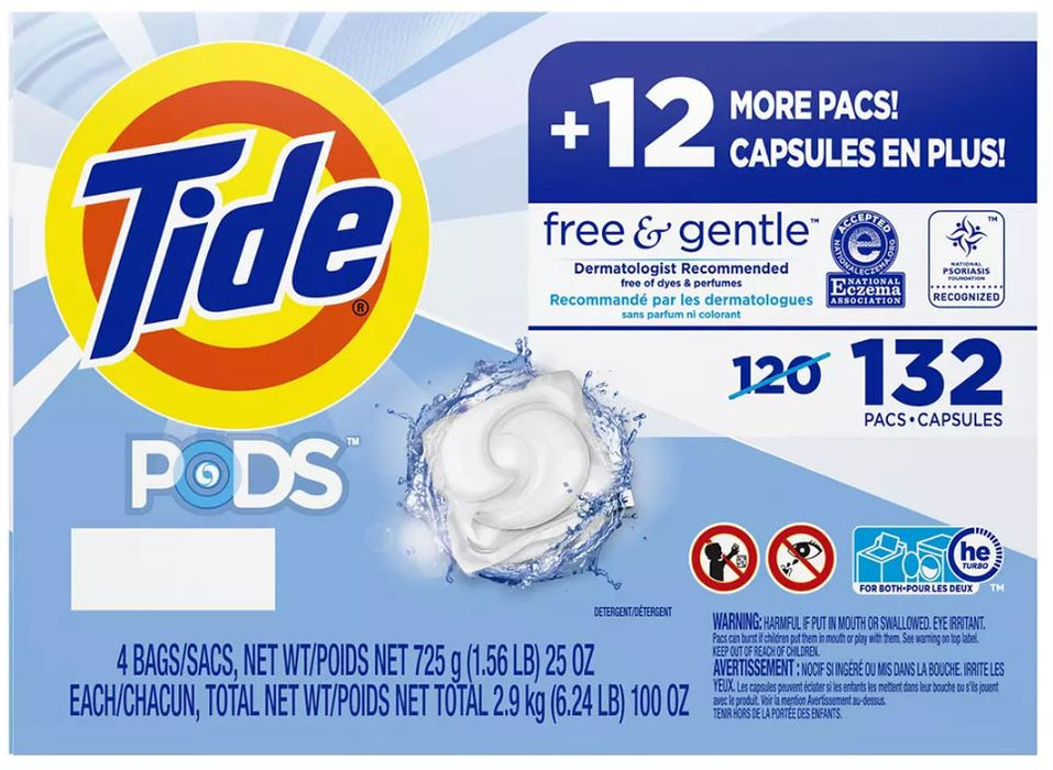 Tide Pods Free And Gentle Liquid Laundry Detergent Pacs, 132 ct