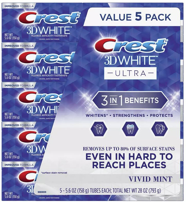 Crest 3D White Ultra Whitening Toothpaste, 5-Pack , 5 x 5.6 oz