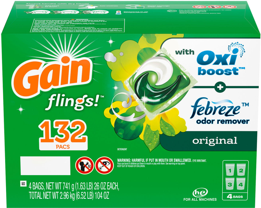 Gain Flings With Oxi Boost & Febreze Odor Remover Detergent Pacs , 132 ct