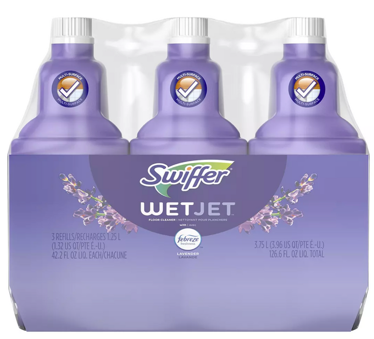 Swiffer Wet Jet Multi-Purpose Floor Cleaner Solution Liquid Refills, Lavender, Vanilla & Comfort Scent, 3-Pack, 3 x 1.25 L