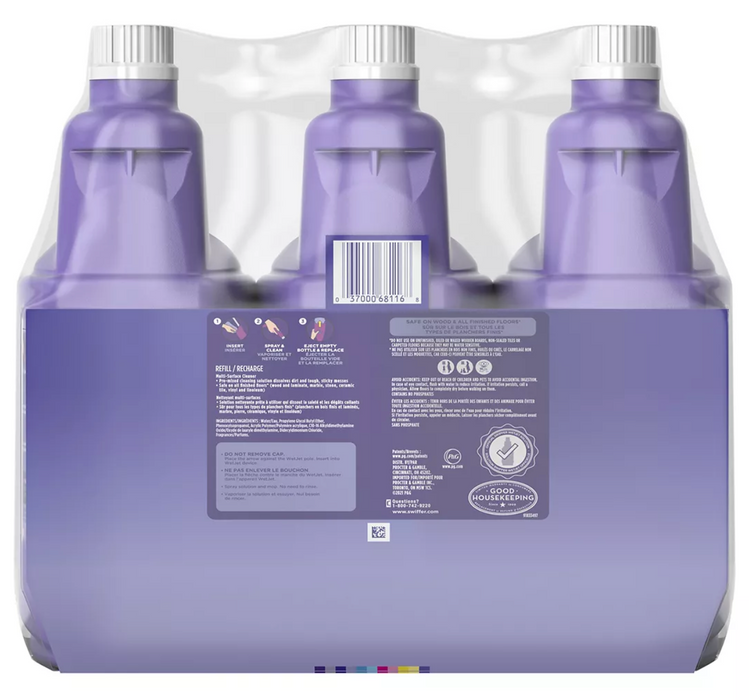 Swiffer Wet Jet Multi-Purpose Floor Cleaner Solution Liquid Refills, Lavender, Vanilla & Comfort Scent, 3-Pack, 3 x 1.25 L