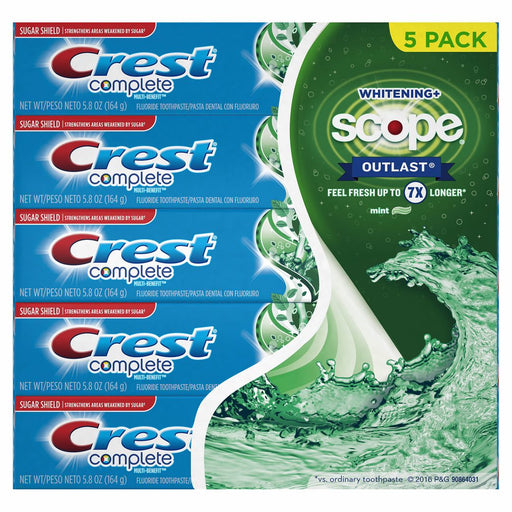 Crest Complete Multi-Benefit Whitening + Scope Outlast Mint Toothpaste Value Pack, 5 x 5.8 oz