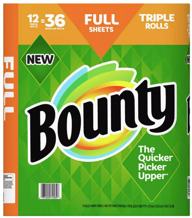 Bounty Full Sheet Triple Roll Paper Towels, White, 96 2-Ply Sheets , 12 ct