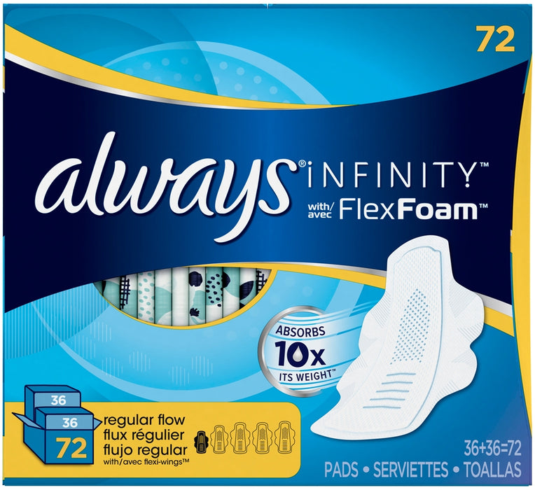 Always Regular Flow Infinity Pads with FlexFoam Flexi-Wings, Size 1, Value Pack, 72 ct