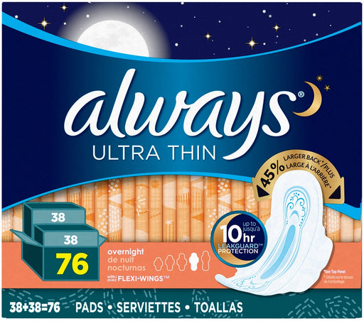 Always Ultra Thin Overnight Pads with Flexi-Wings, Size 4, Value Box, 76 ct