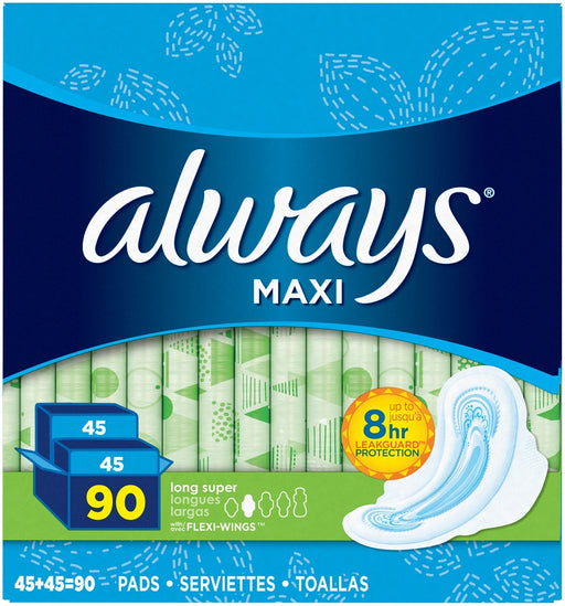 Always Maxi Long Super Pads with Flexi-Wings, Size 2, Value Box, 90 ct