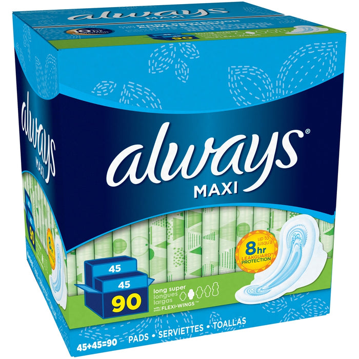 Always Maxi Long Super Pads with Flexi-Wings, Size 2, Value Box, 90 ct