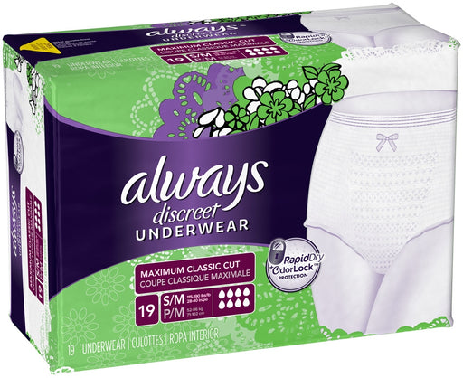 Always S/M Discreet Underwear, Maximum Classic Cut, RapidDry OdorLock Protecion, 19 ct