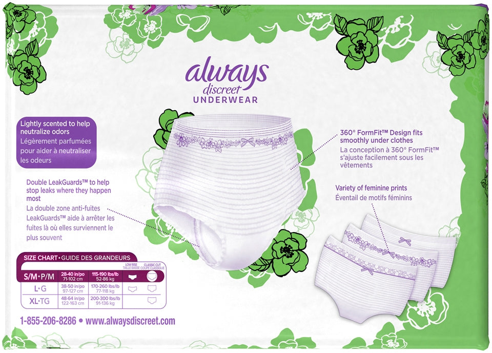 Always S/M Discreet Underwear, Maximum Classic Cut, RapidDry OdorLock Protecion, 19 ct