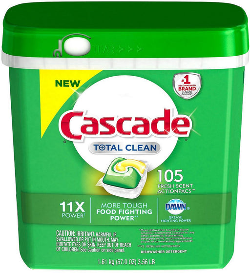 Cascade Total Clean Gel Dishwasher Detergent Pacs, Fresh Scent, 105 ct
