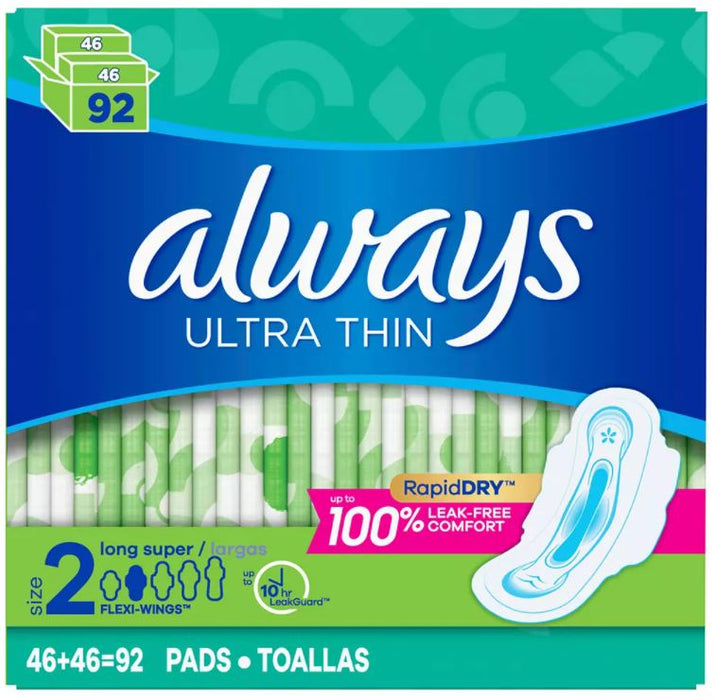 Always Ultra Thin Long Super Pads, Size 2, 92 ct