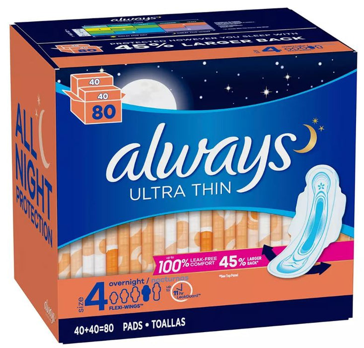 Always Ultra Thin Overnight Pads, Size 4 , 80 ct