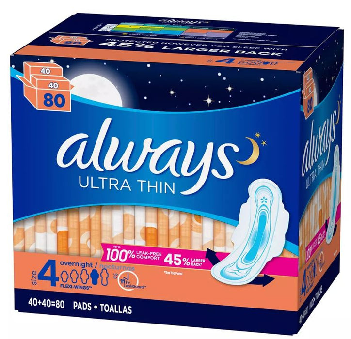 Always Ultra Thin Overnight Pads, Size 4 , 80 ct