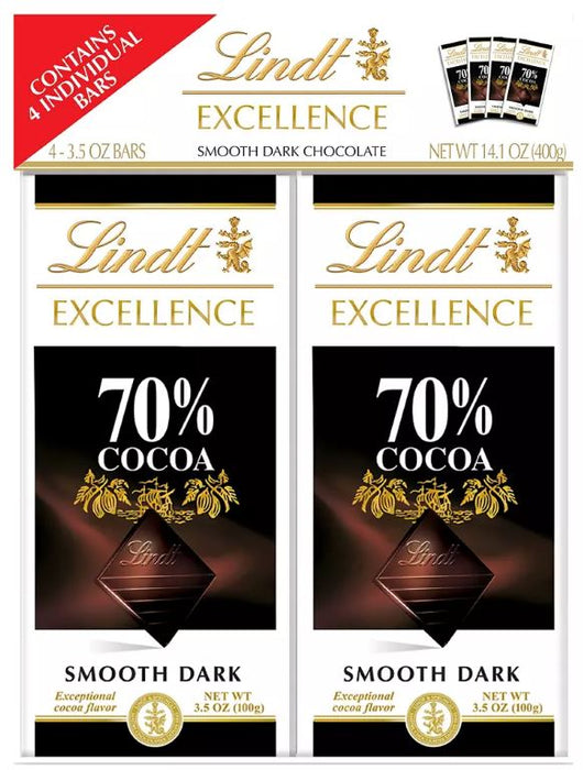 Lindt Excellence 70% Cocoa Smooth Dark Chocolate Bars, Value Pack , 4 x 3.5 oz