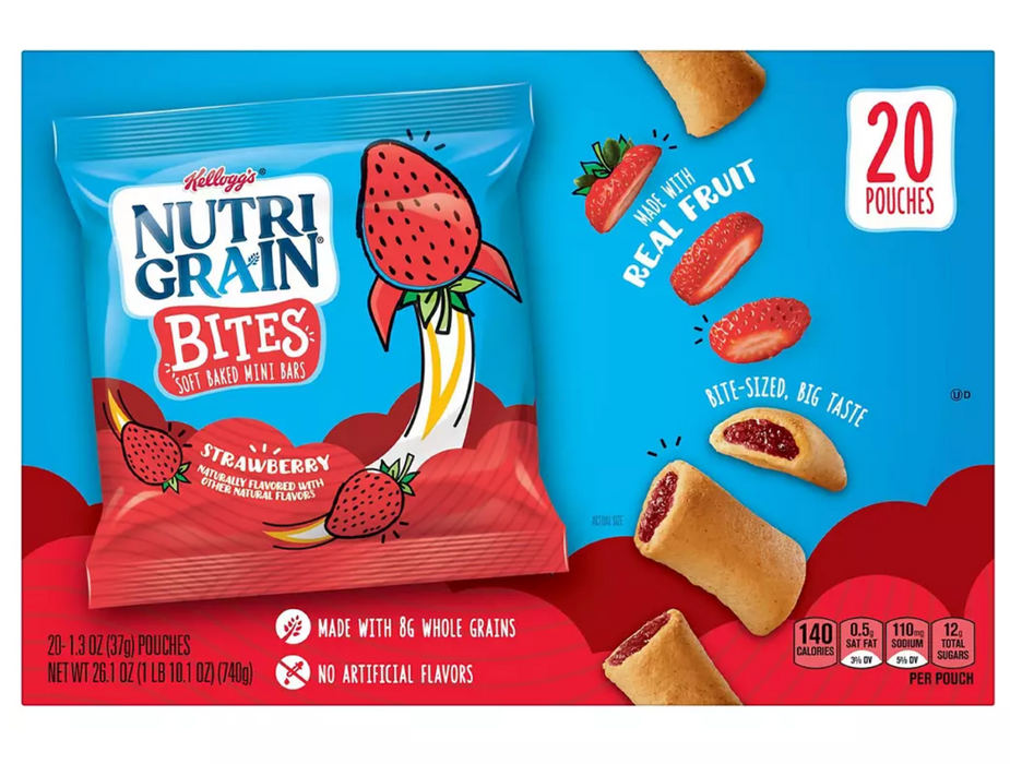 Kellogg's Nutri-Gain Bites Mini Breakfast Bars Pouches, Strawberry Flavor , 20 x 1.3 oz