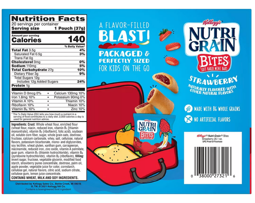 Kellogg's Nutri-Gain Bites Mini Breakfast Bars Pouches, Strawberry Flavor , 20 x 1.3 oz