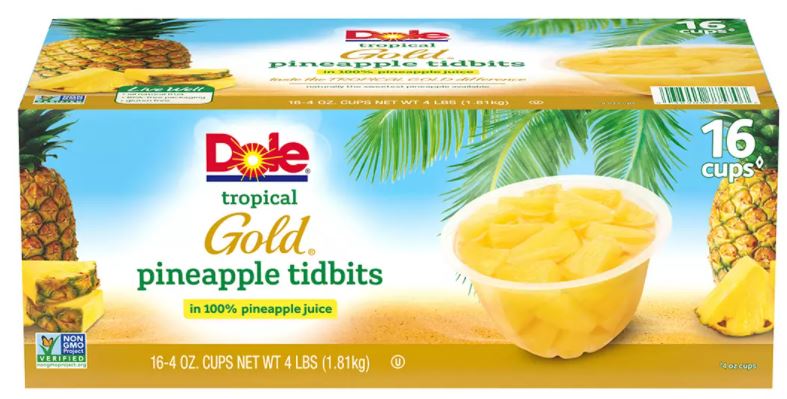Dole Tropical Gold Premium Pineapple Tidbits Fruit Bowls , 16 x 4 oz