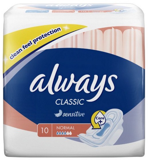 Always Classic Sensitive Normal Pads, Clean Feel Protection, 10 ct