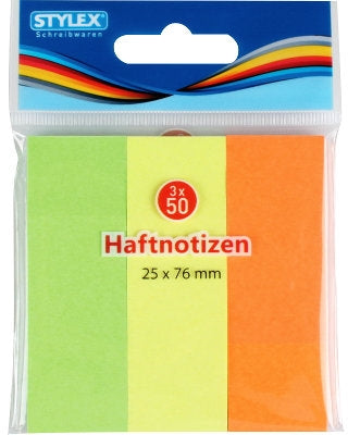 Stylex Sticky Notes, 25 x 76 mm, in 3 Assorted Colors, 3 x 50 ct
