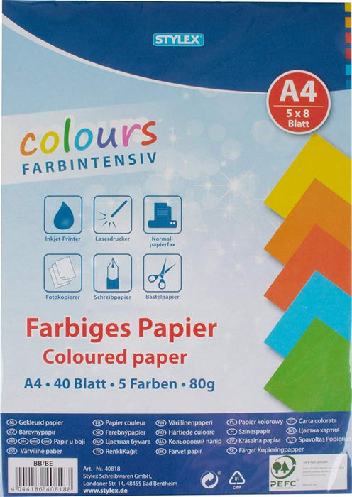 Stylex A4 Coloured Paper, 5 Assorted Colours, 40 ct