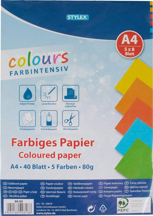 Stylex A4 Coloured Paper, 5 Assorted Colours, 40 ct