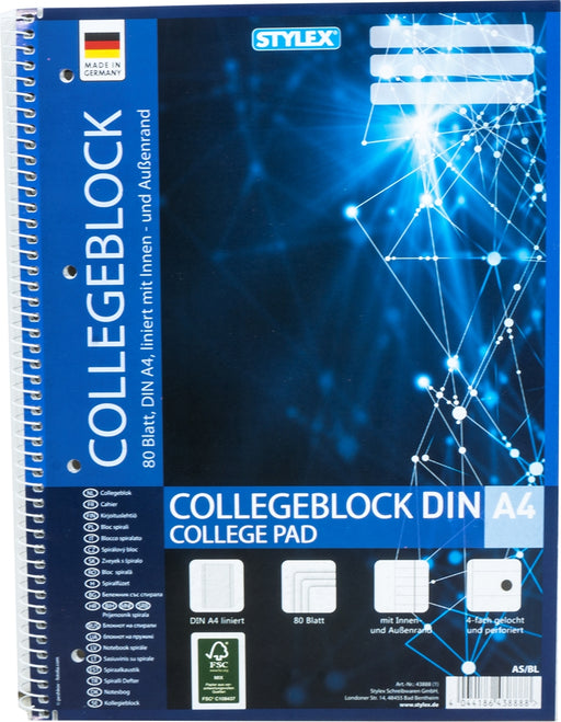 Stylex A4 Wirebound College Pad, Blue, 80 sheets