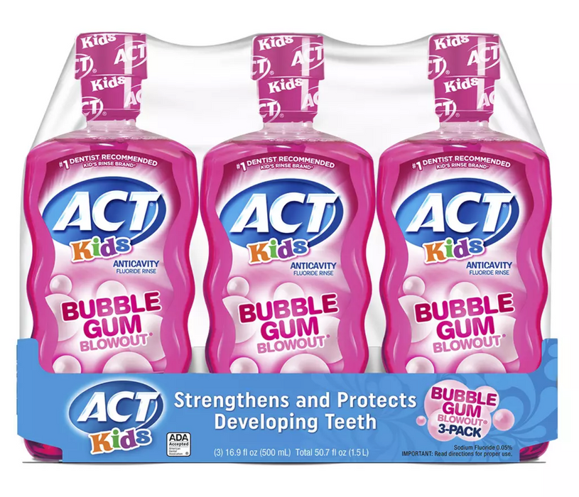 Act Kids Bubblegum Blowout Anti-Cavity Rinse , 3 x 16.9 oz