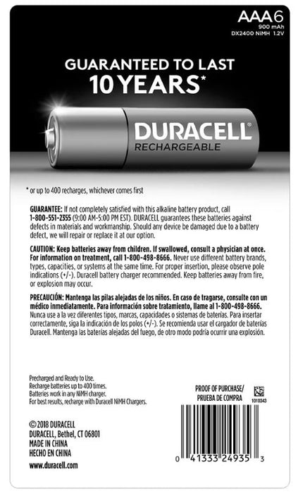 Duracell Rechargeable AAA Pre-Charged Batteries , 6 ct