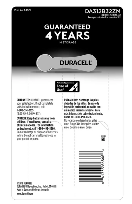 Duracell Hearing Aid 312 Batteries, 32 ct