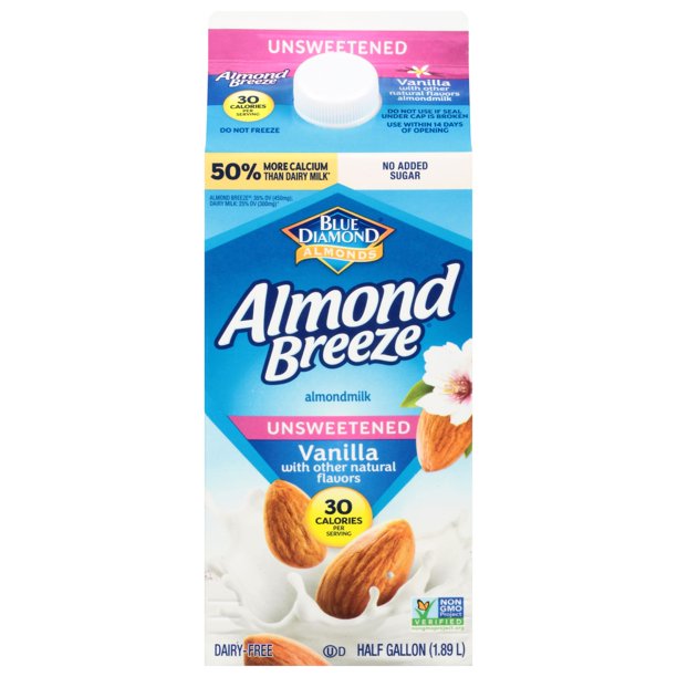 Blue Diamond Breeze Original Almond Milk, Unsweetened Vanilla Flavor , 64 oz