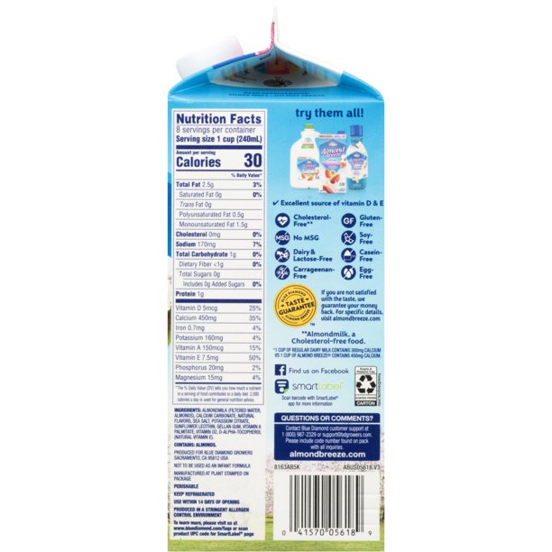 Blue Diamond Breeze Original Almond Milk, Unsweetened Vanilla Flavor , 64 oz