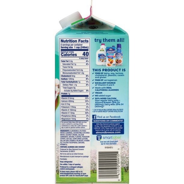 Blue Diamond Almond Breeze Unsweetened Coconut Blend Almond Milk, 64 oz